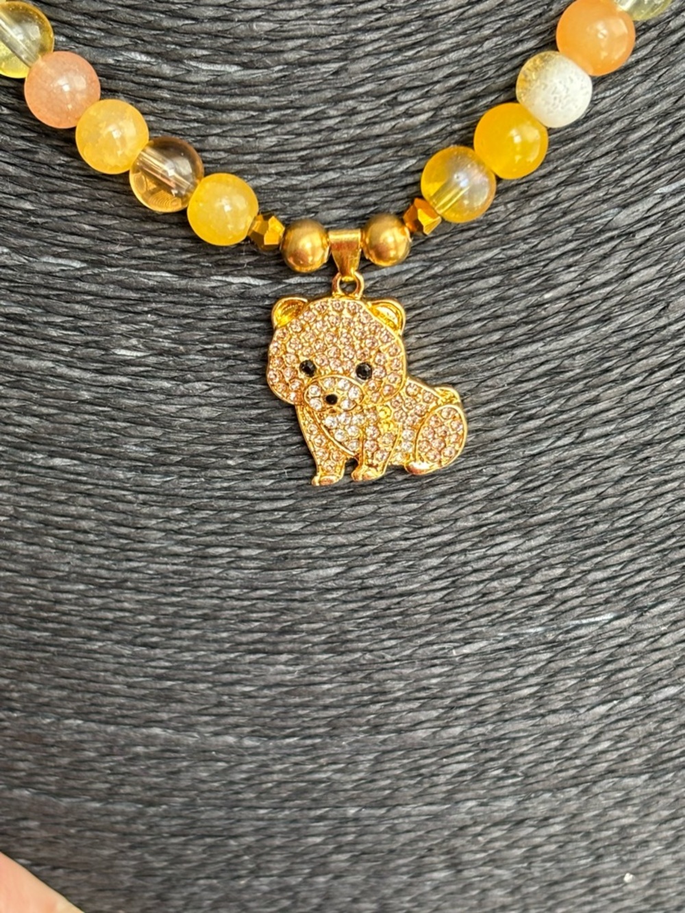 Gold Crystal Puppy Pendant Beaded Necklace - Yellow Gemstone Beads
